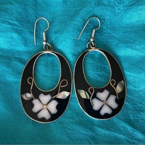 Sterling Silver, Abalone and Enamel Flower Earrings